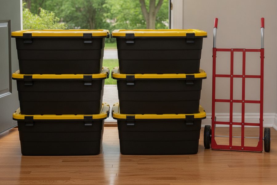 Illustration of six black moving boxes with flat yellow lids stacked in the front hall of a house, with a red hand truck dolly beside them